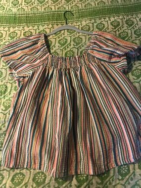 Striped Off-Shoulder Peasant Blouse in Multicolor